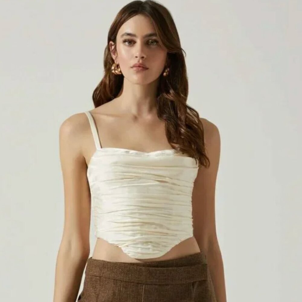 ASTR The Label Janet Ruched Bustier Satin Crop Top Champagne S